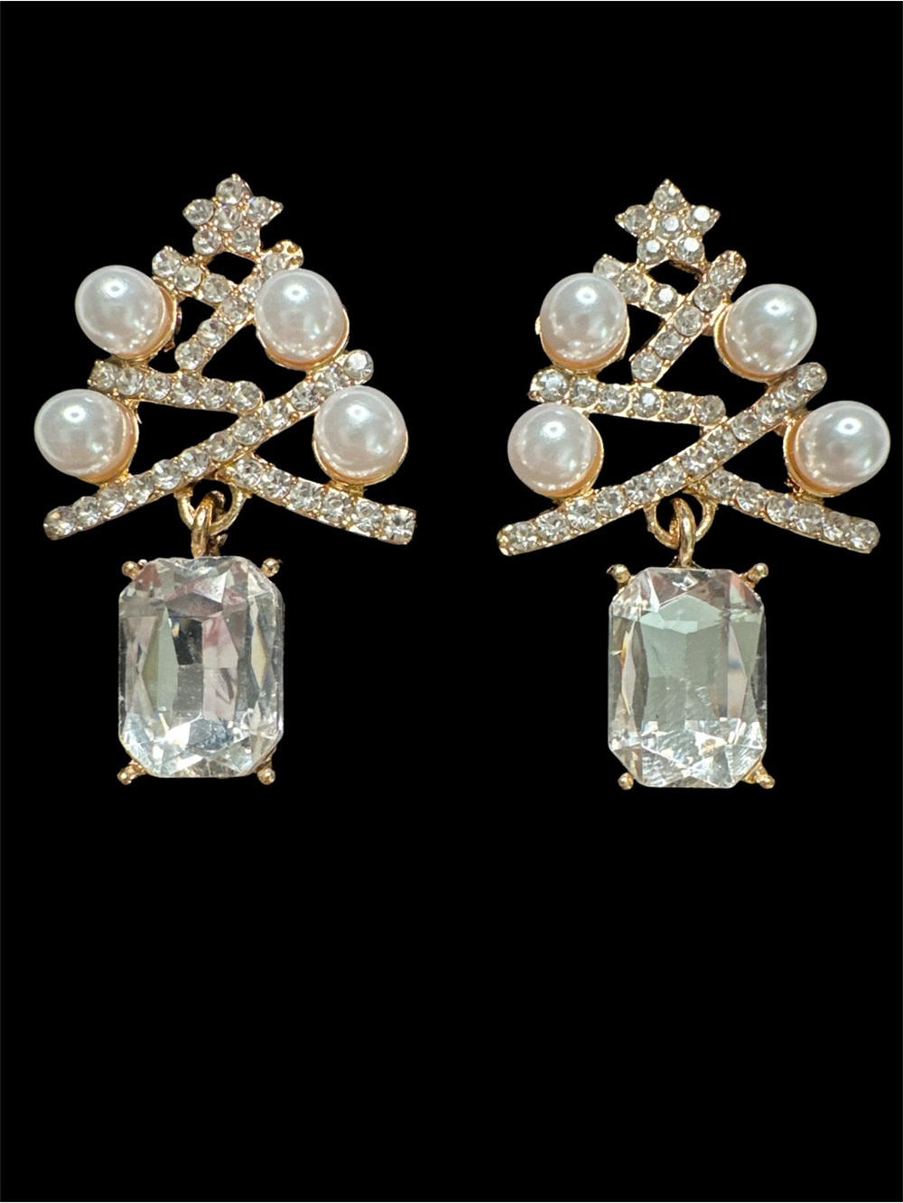 Elegant Pearl & Crystal Drop Holiday Tree Earrings - Gold Tone
